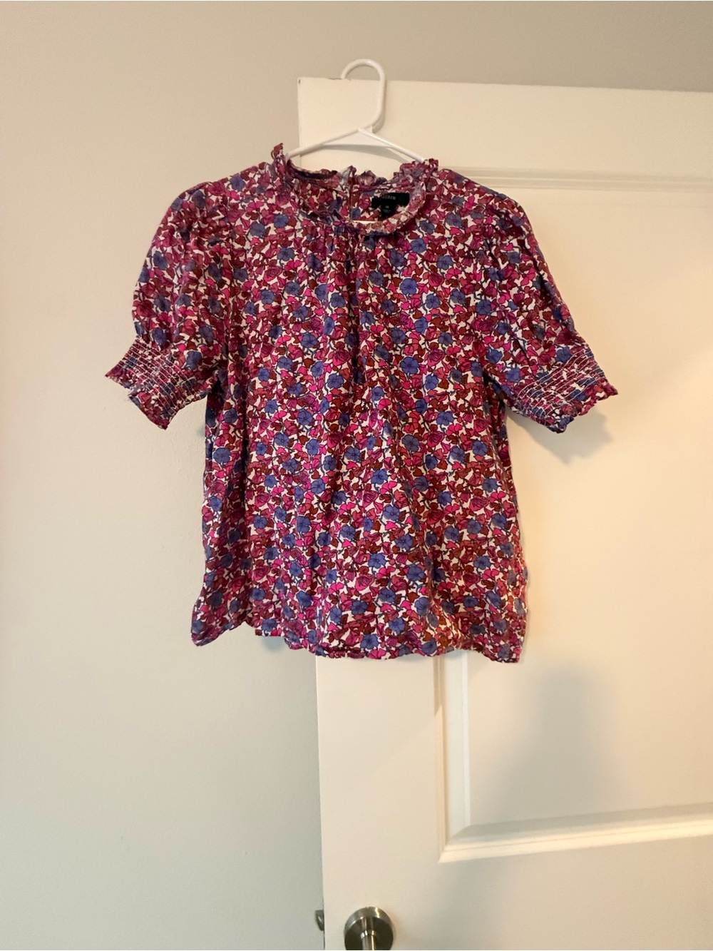J. Crew Pink, Blue and White Floral Smocked Sleeve Blouse